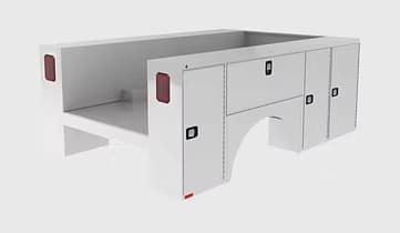 White truck utility bed with storage compartments and taillights.