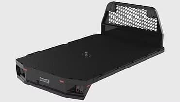 Black truck flatbed with a headboard and hitch.