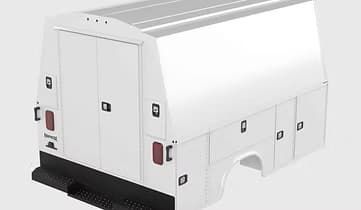 White utility truck bed with side compartments and rear doors.