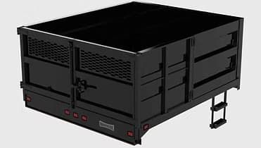 Black dump truck bed with side door and steps.