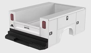 White truck bed with storage compartments, black bumper, and taillights.