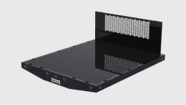 Black flatbed truck body with perforated headboard, angled sides, on a white background.