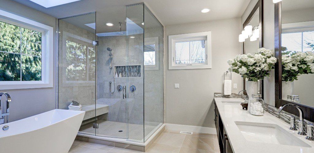 Glass shower screen and shower door in bathroom.