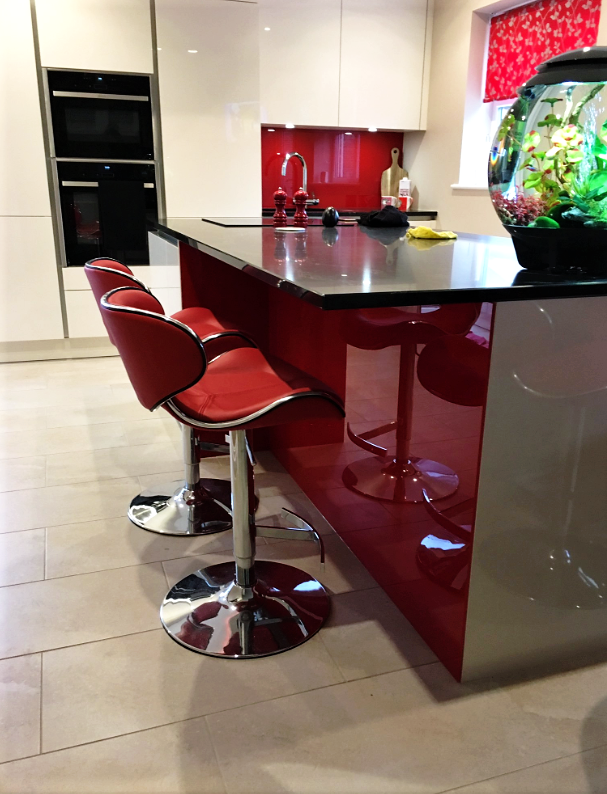 Breakfast bar and kitchen red and grey painted splashbacks