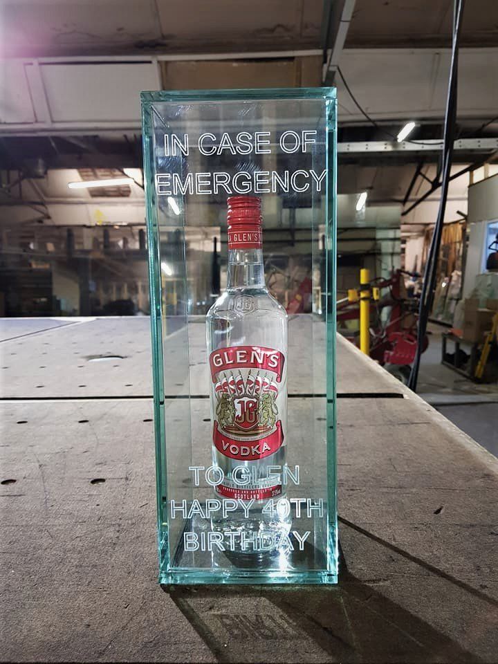 Personalised uv bonded display case etched