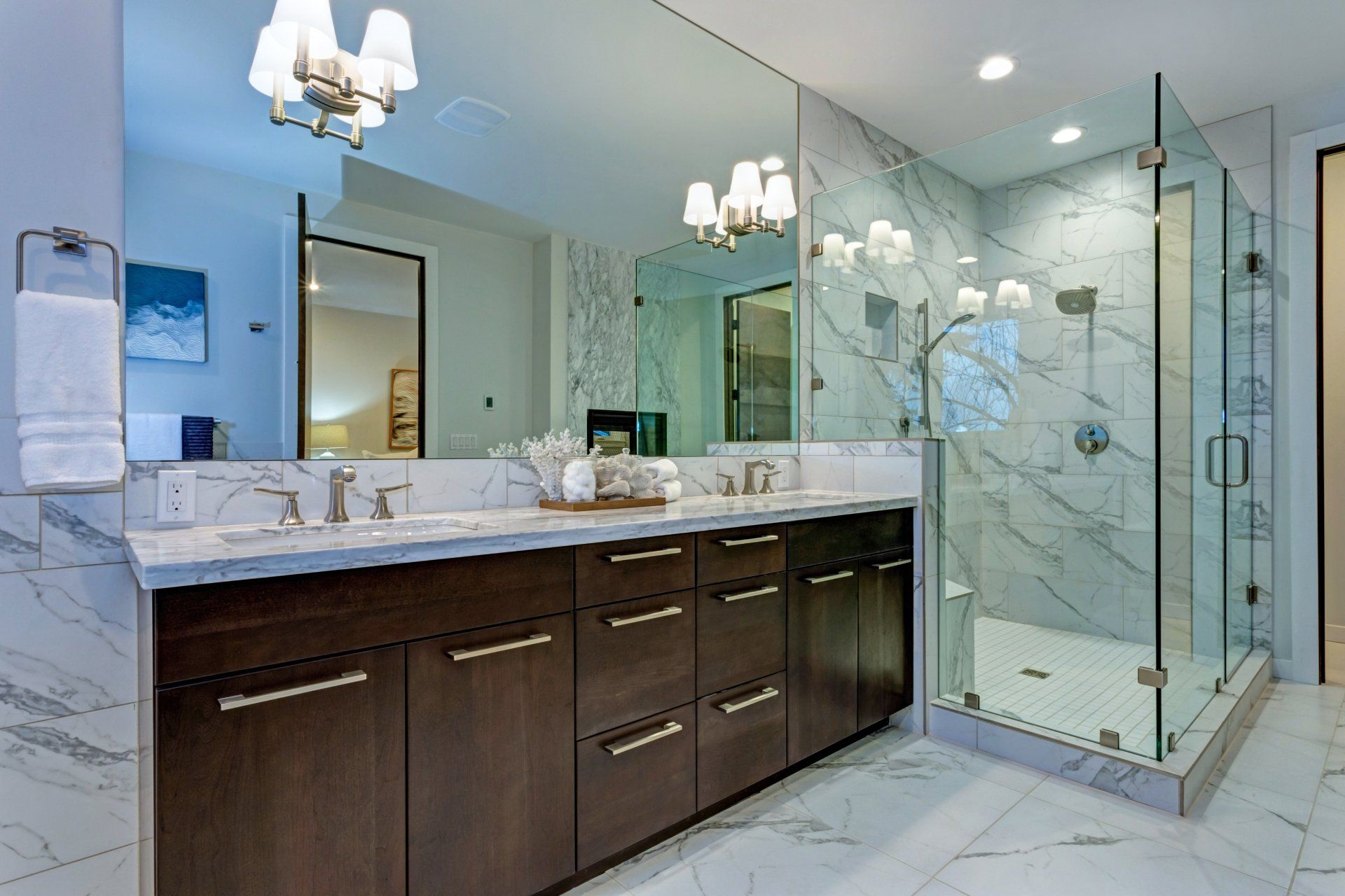 Bathroom mirror and glass shower