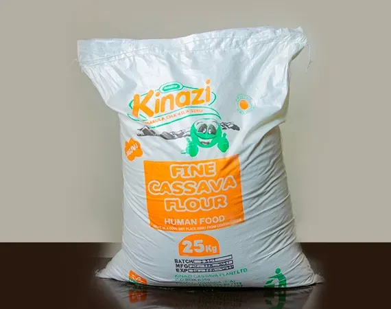 A bag of kingzi fine cassava flour sits on a table