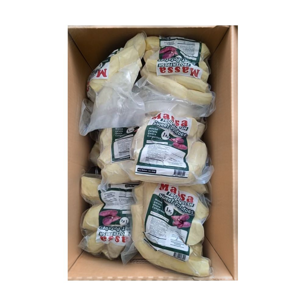 A box filled with bags of potatoes in plastic bags.