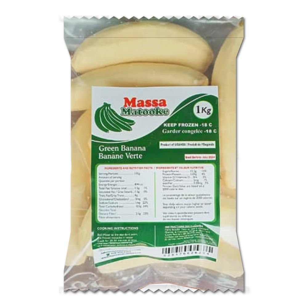 A bag of green bananas with a green label
