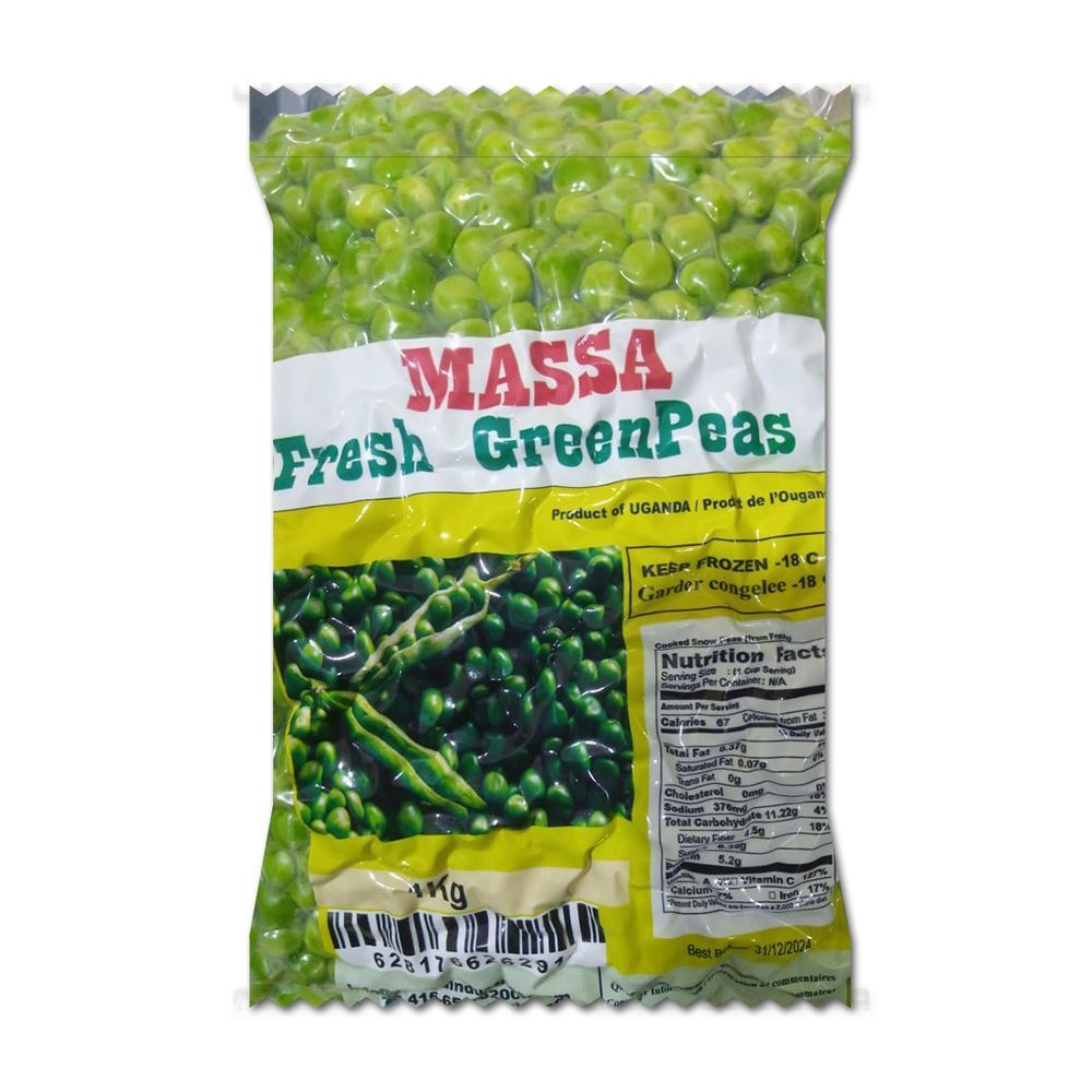 A bag of massa fresh green peas on a white background