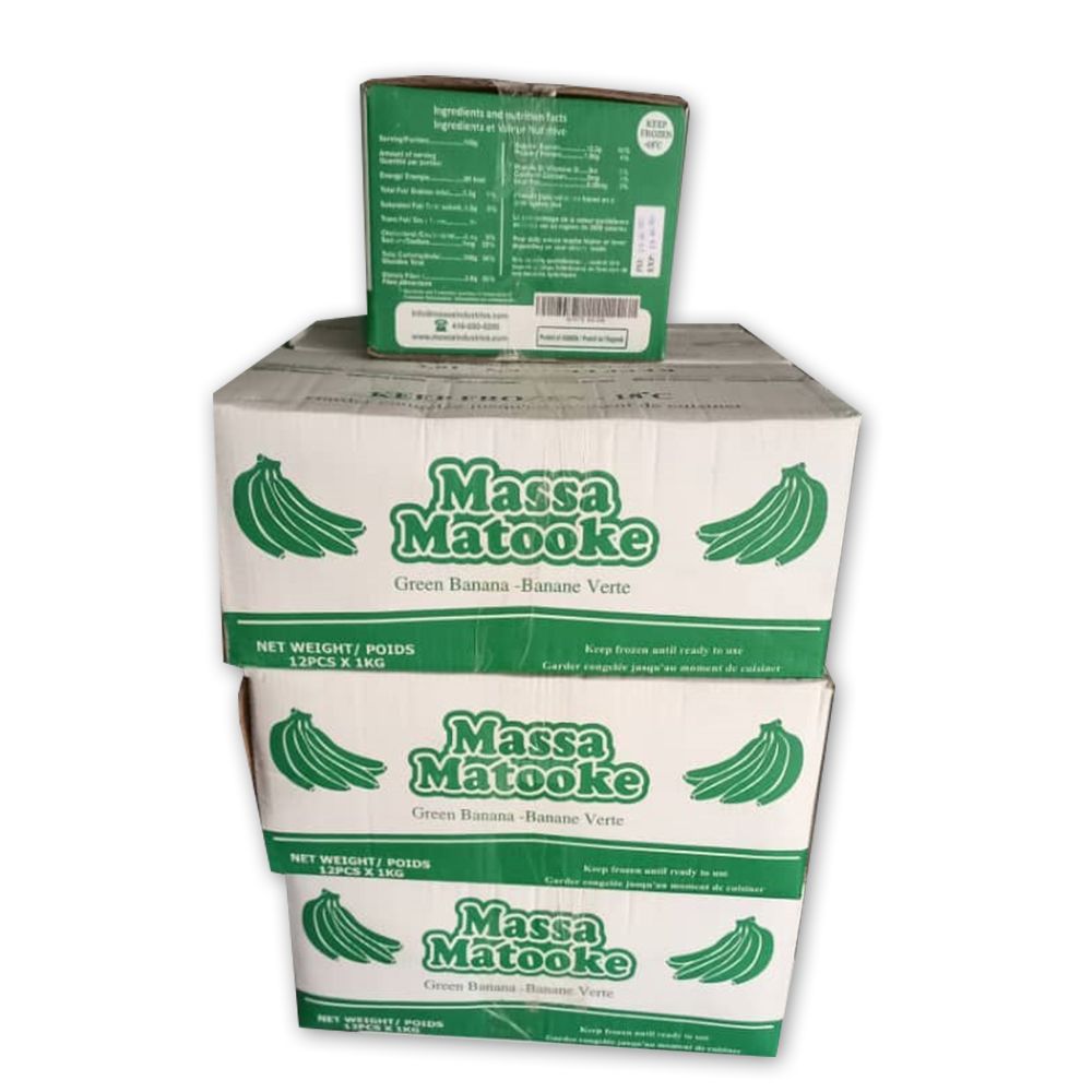 Three boxes of massa matooke bananas are stacked on top of each other