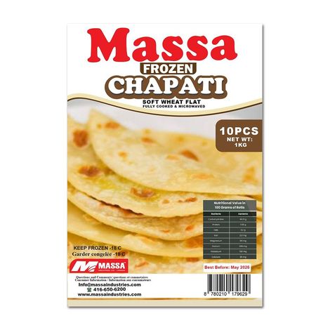 A package of massa frozen chapati is shown on a white background