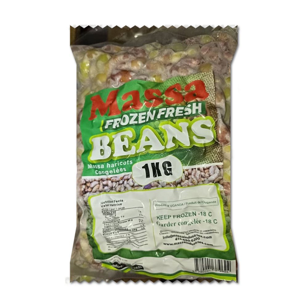A bag of frozen fresh beans on a white background.