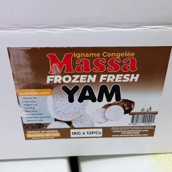 A box of massa frozen fresh yam sits on a table