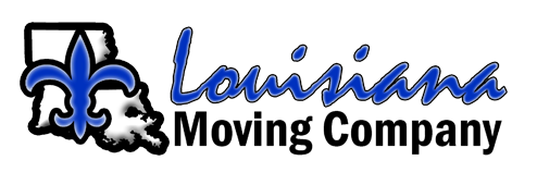 Logo of Louisiana Moving Company, featuring a fleur-de-lis within Louisiana's outline, in blue and black, and text.