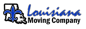 Logo of Louisiana Moving Company, featuring a fleur-de-lis within Louisiana's outline, in blue and black, and text.