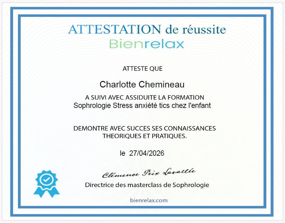 Enfants Anxiété Emotions Attestation de réussite Bienrelax avec cadre bleu, nom Charlotte Cheminau et date du 27/04/2026