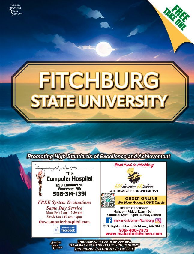 Advertisement for Fitchburg State University with local business ads.