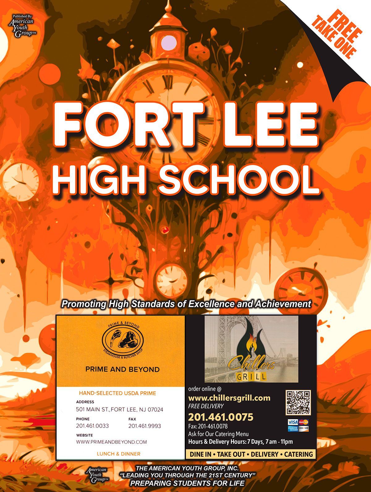 Poster for Fort Lee High School. Orange and gold with a clock and school information.