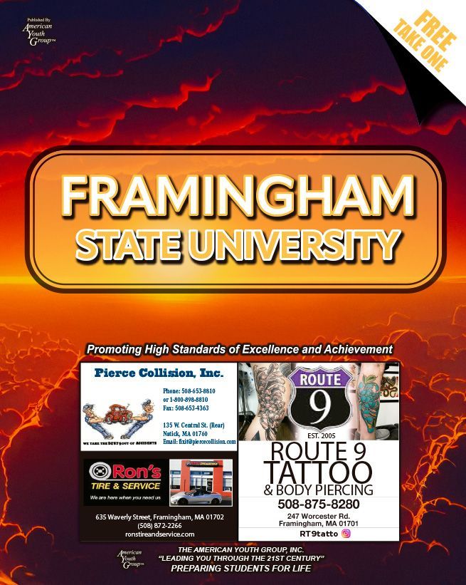 Framingham State University ad with local business promotions against a fiery background. 