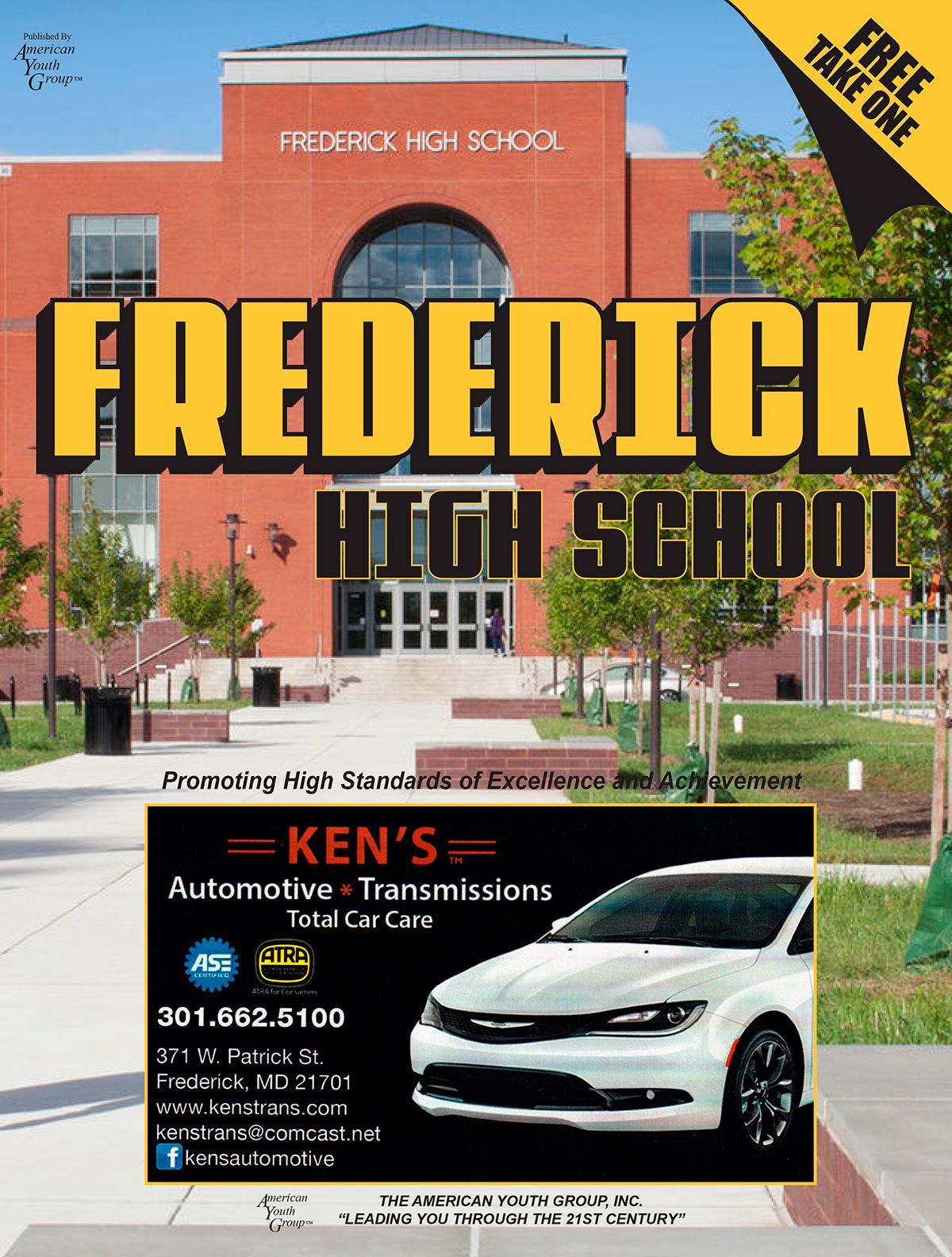 Advertisement for Ken's Automotive featuring Frederick High School in background and a white car.