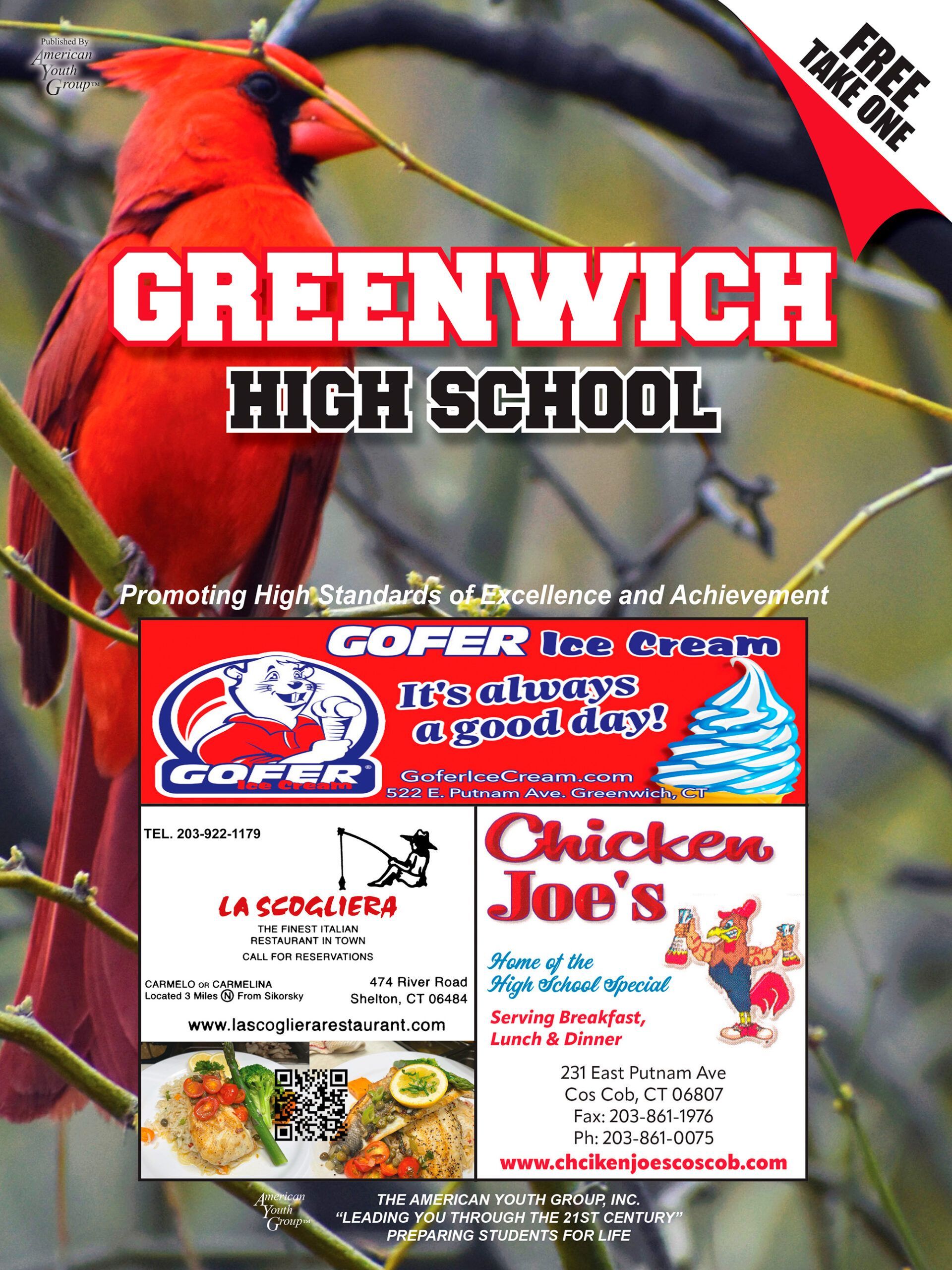 Red cardinal perched on a branch; Greenwich High School promotional flyer with ads for local businesses.