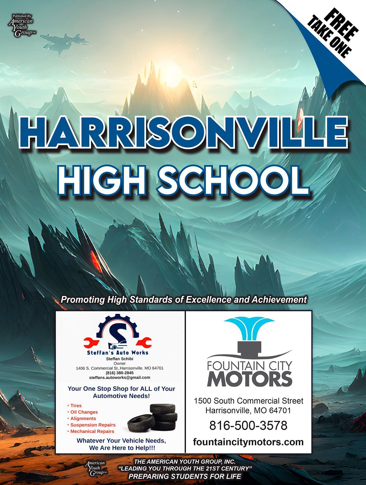 Flyer for Harrisonville High School with business advertisements and a mountain landscape.