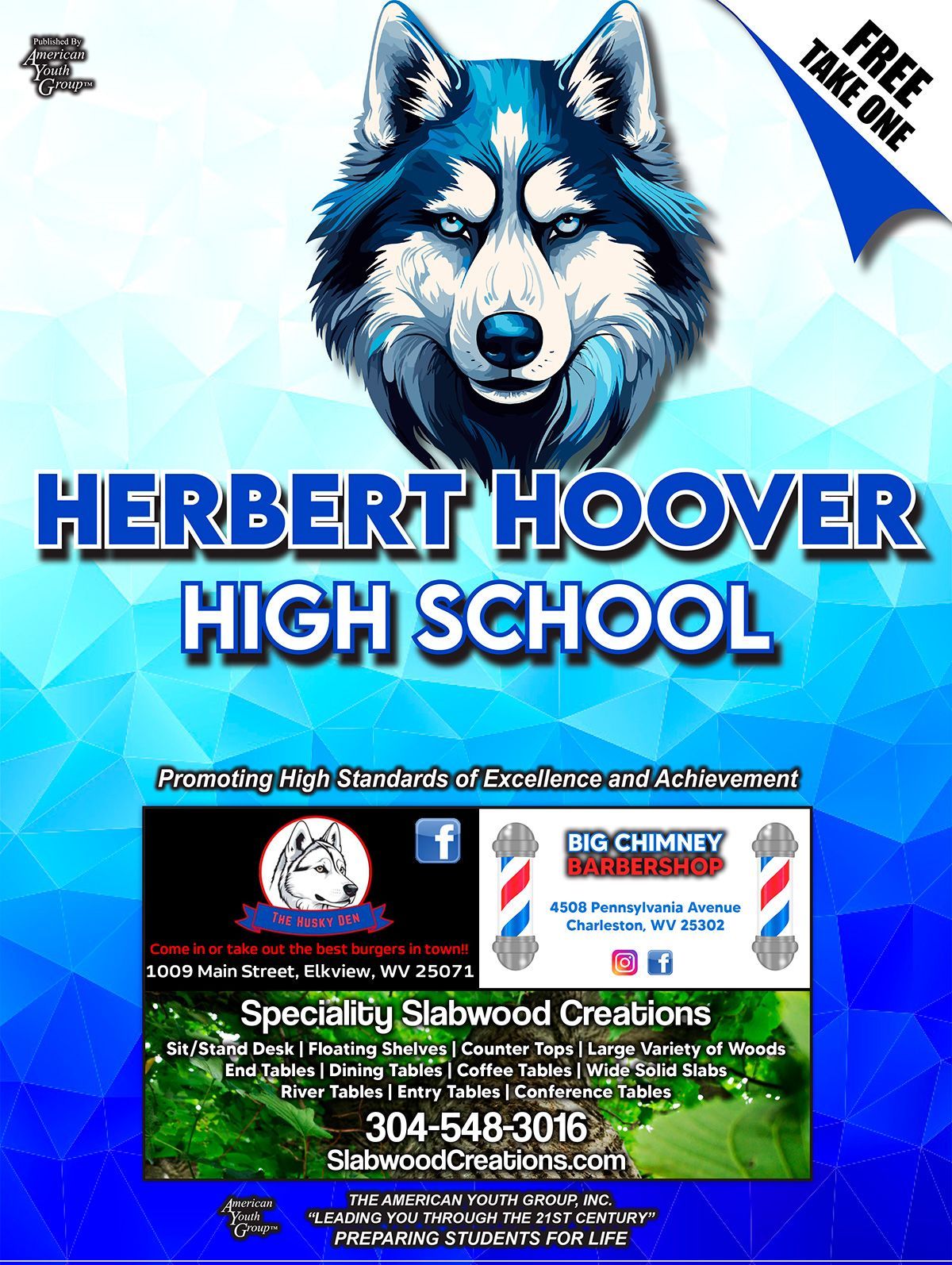 Herbert Hoover High School flyer: Husky, school logo, Big Chimley Barbershop ad, Specialty Sandwood Creations ad.
