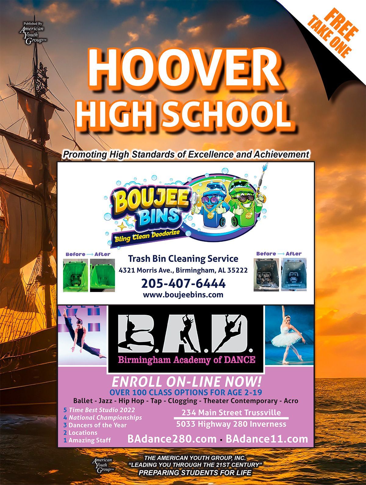 Flyer for Hoover High School with Boujee Bins and Birmingham Academy of Dance advertisements.