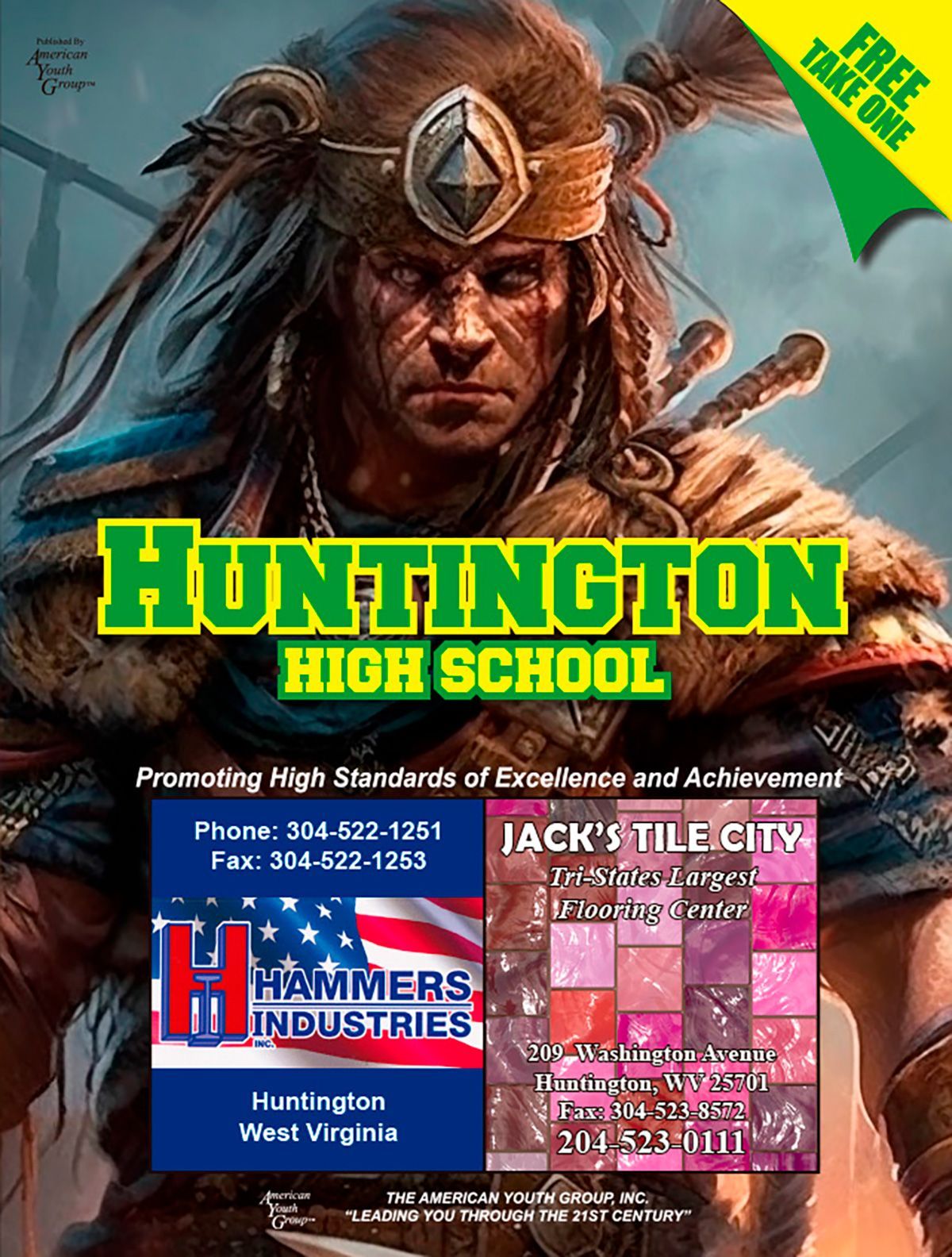 Advertisement for Huntington High School featuring a warrior and business logos.