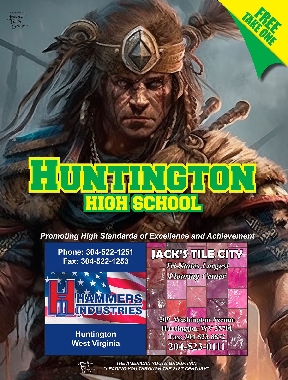 Promotional poster for Huntington High School with an illustration of a warrior. Includes local business ads.