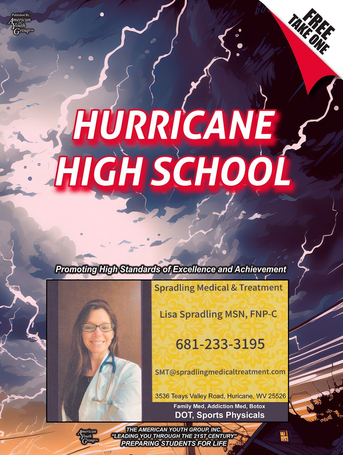 Poster for Hurricane High School with a doctor and storm background.