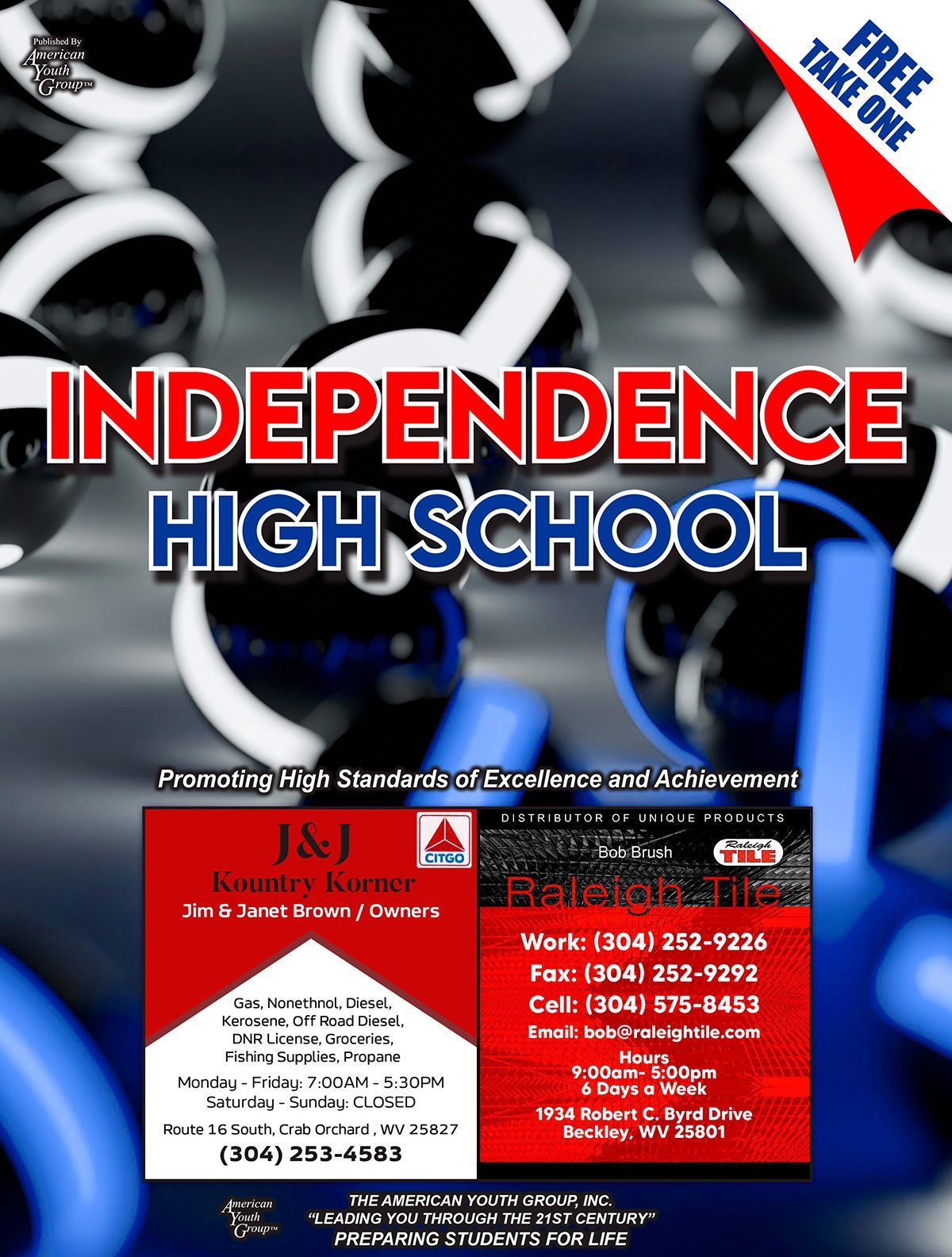 Poster for Independence High School, blue and red text with shiny