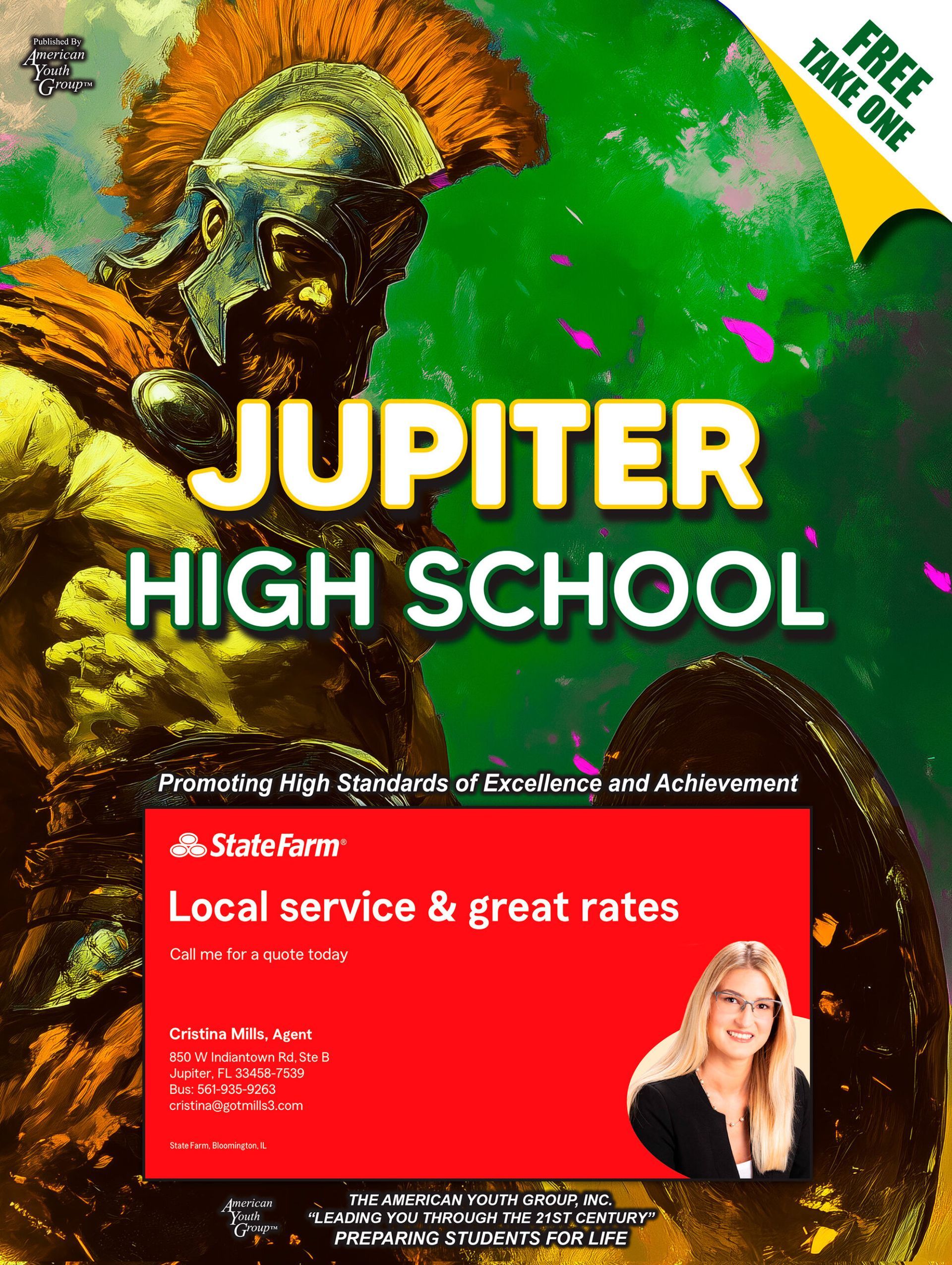Jupiter High School flyer with a Spartan warrior and a local service advertisement.