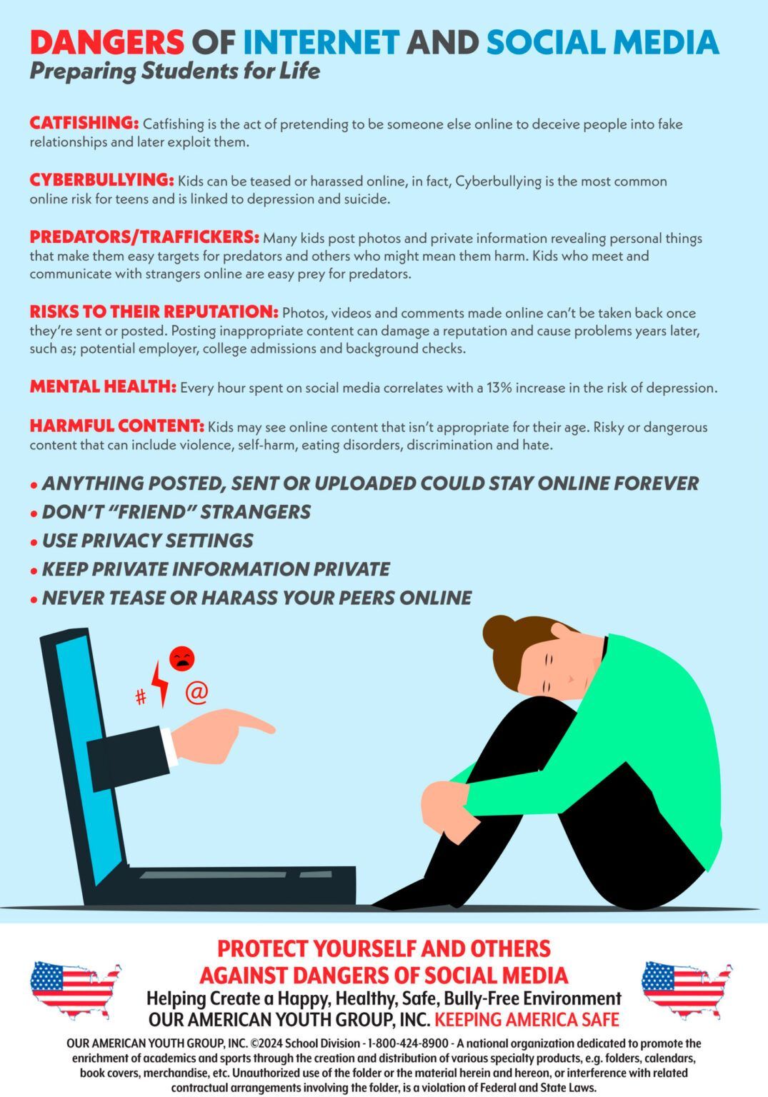 Poster on dangers of internet with a person hugging knees, hand from laptop reaching for them.
