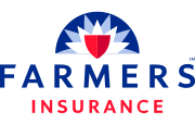 Farmers Insurance logo: blue and white sunburst over a red shield, with "Farmers Insurance" in blue and red text.
