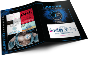 Brochure for Jupiter Fitness. Inside, a muscular man, logos, 