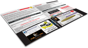 Brochure with business logos, text, and graphics. Open, black background.