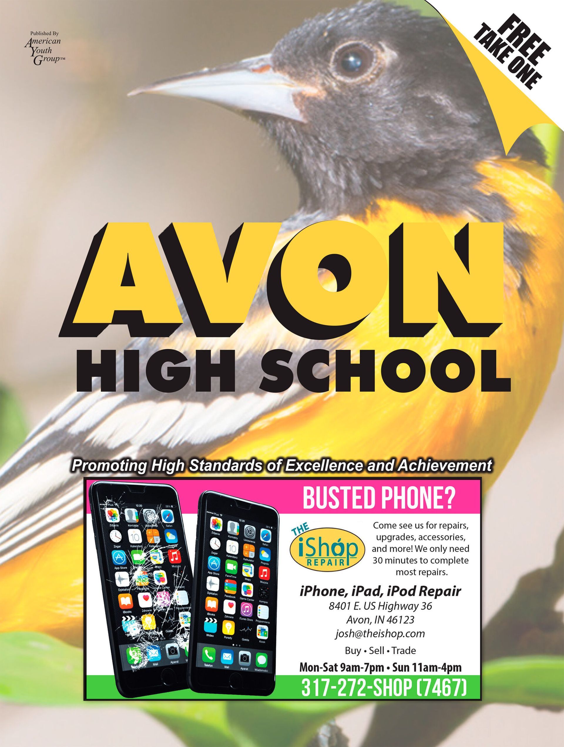 Avon High School ad with an oriole, broken phones, and promotion for iShop phone repair.