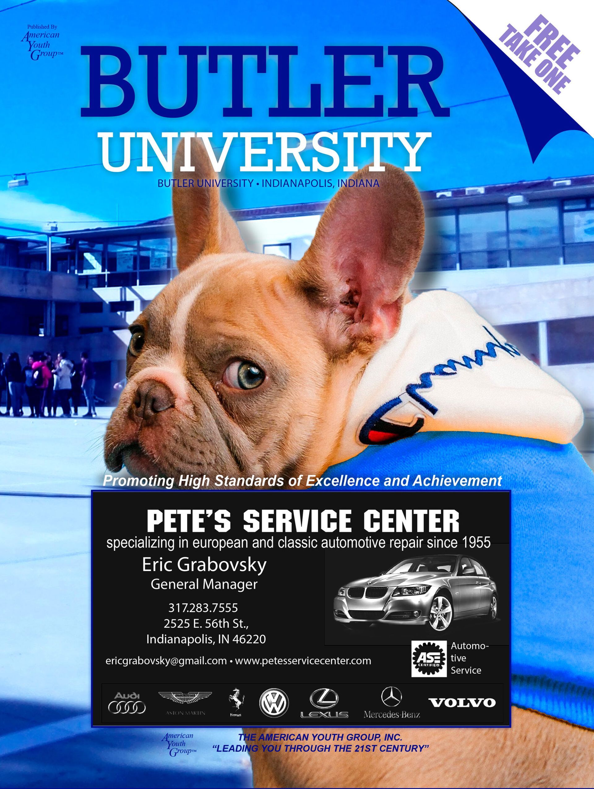 Butler University flyer with a bulldog wearing a Champion hoodie, an advertisement for Pete's Service Center.