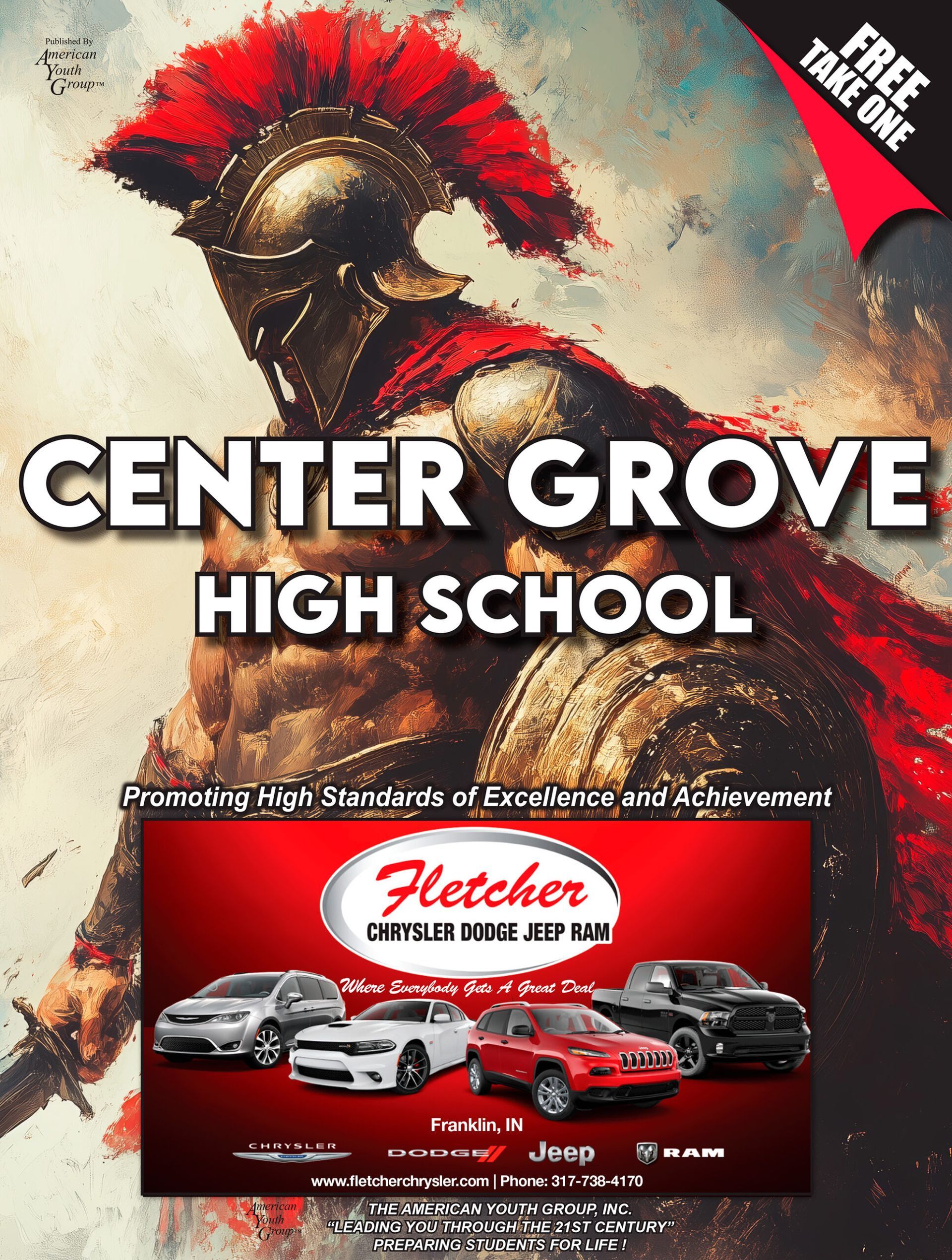 Advertisement for Center Grove High School featuring a warrior and Fletcher Chrysler Jeep Dodge RAM vehicles.