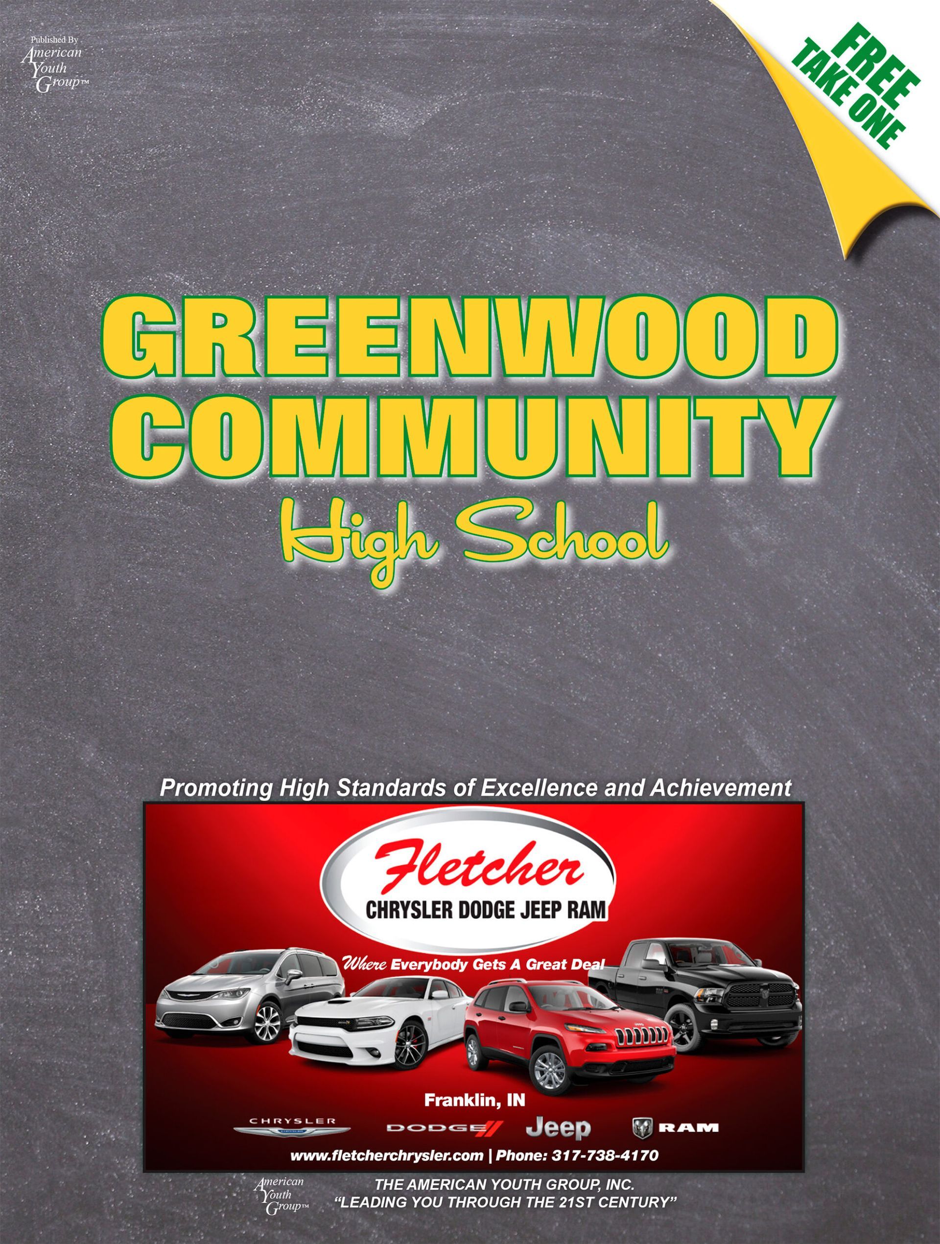 Greenwood Community High School promotional flyer with Fletcher Chrysler Dodge Jeep RAM advertisement.
