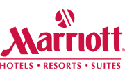 Marriott logo: Red "Marriott" text with a stylized emblem above, "HOTELS • RESORTS • SUITES" below.