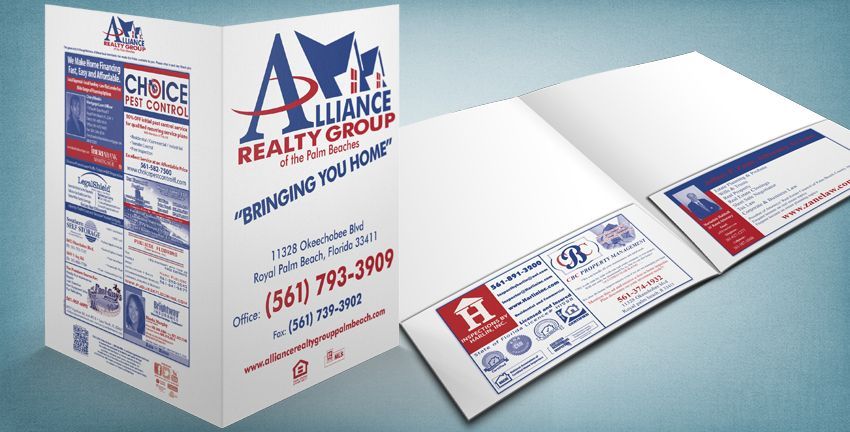 Alliance Realty Group presentation folder, white, with blue and red branding, open, showing interior pockets.