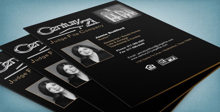 Business cards for Century 21 real estate, black with a woman's headshot, logo, and contact info.