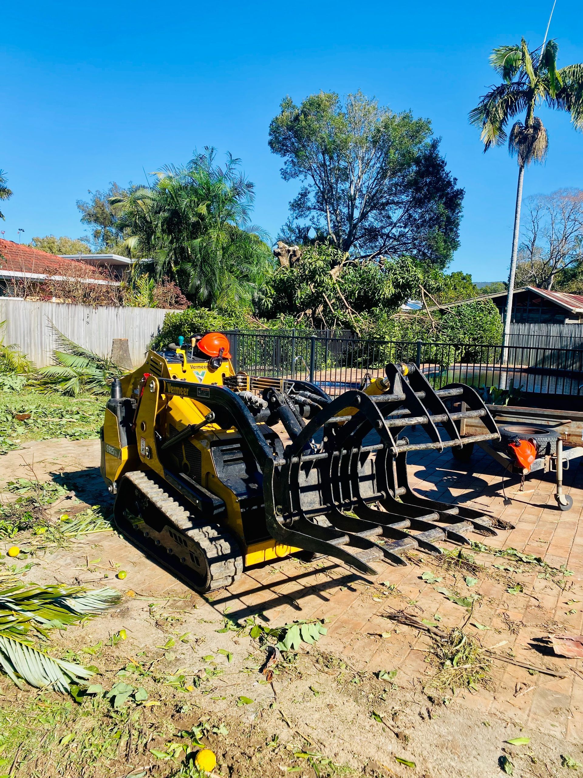 Yellow Skid Steer with Grapple Attachment in A Yard — AAA Trees On Tweed in Brunswick Heads, NSW