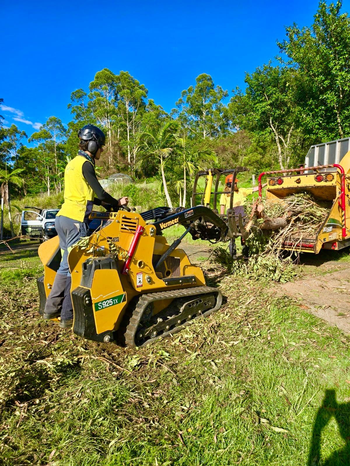 Person Operating a Yellow Skid Steer, Feeding Brush Into a Wood Chipper — AAA Trees On Tweed in Ocean Shores, NSW