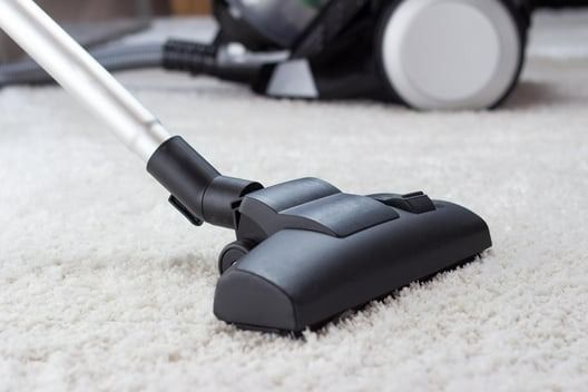 Vacuum cleaner head on white carpet, cleaning.