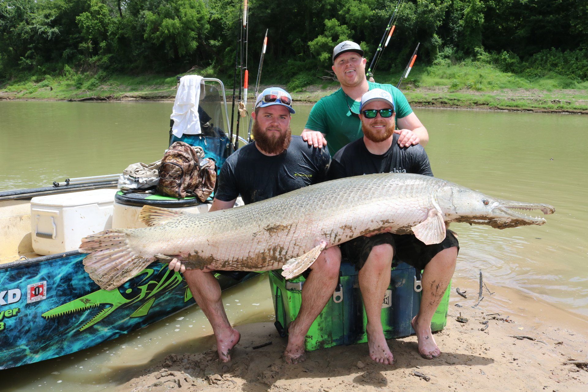 Three men hold a large alligator gar fish on a riverbank.