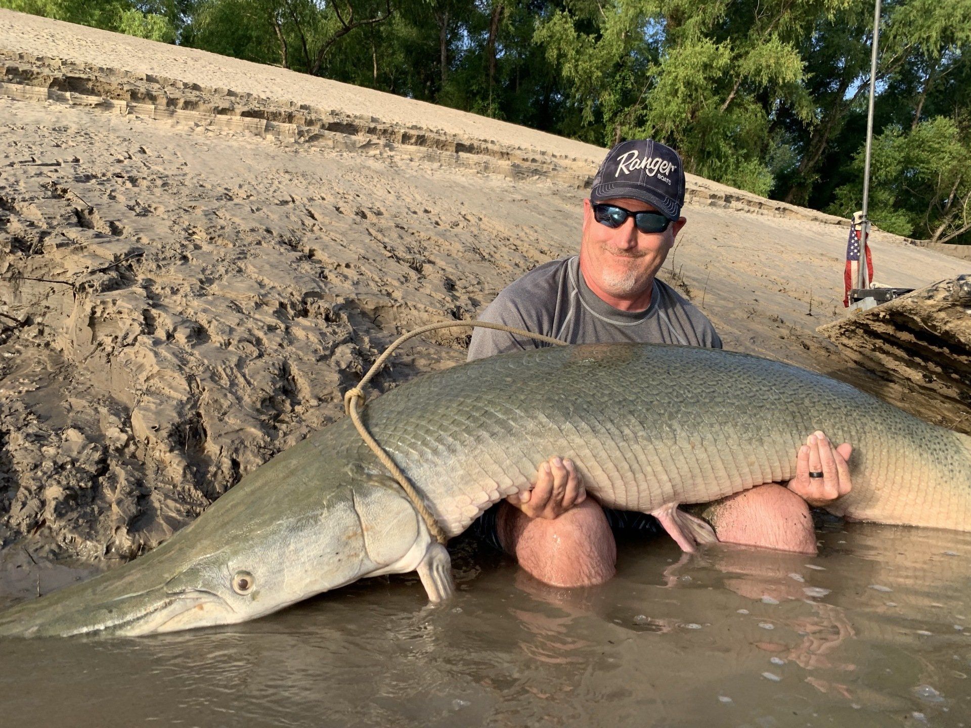 Man in water holding a large alligator gar fish on a muddy bank.